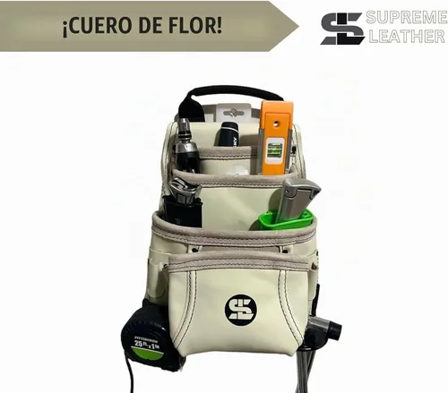 Vista 2 de Versátil bolsa de herramientas de cuero de grano superior de 10 bolsillos con martillo y soporte de cinta, accesorio para cinturón, ideal