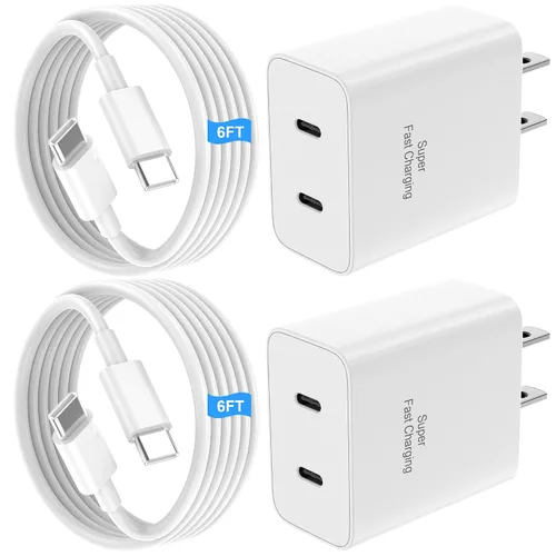 Vista 10 de Paquete de 2 cargadores súper rápidos USB C de doble puerto para teléfono Android tipo C, bloque de carga rápida con cable de carga tipo C de 6 pies