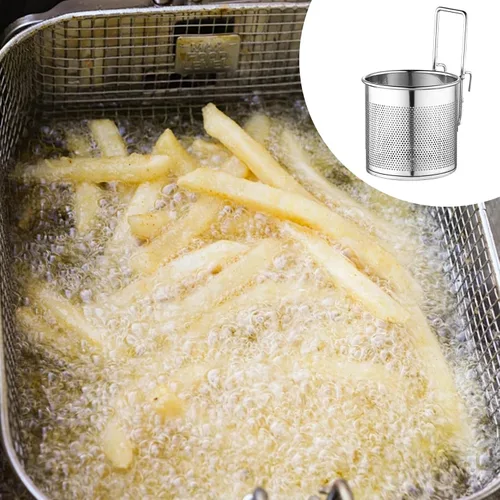Vista 2 de Cesta coladora de fideos, colador de pasta de acero inoxidable de malla fina con asa, versátil cesta de fideos de cocina para cocinar y freír