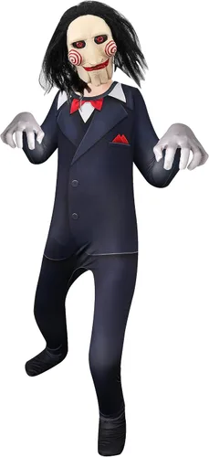 Vista 2 de Saw Billy - Disfraz de rompecabezas para niños, disfraz de marioneta, disfraz de Halloween, overol con máscara para niño con pelo