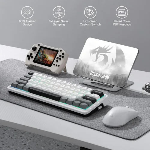 Vista 2 de Redragon K722 PRO Teclado inalámbrico 60% RGB para juegos, teclado mecánico compacto de intercambio en caliente de 61 teclas con enchufe Free-Mod