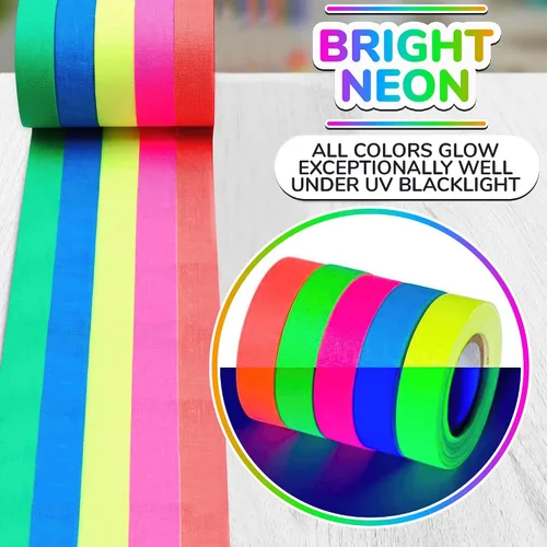 Vista 3 de Paquete de 5 cintas de luz negra – Cinta de neón reactiva a los rayos UV, juego multicolor: verde, rojo, amarillo, rosa y azul, cada rollo mide 16
