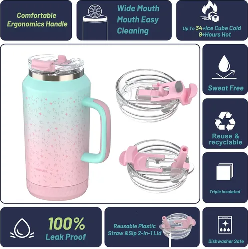 Vista 2 de Hydraful Vaso de 64 onzas con asa y pajilla, 100% a prueba de fugas, vaso aislado reutilizable, botella de agua grande de acero inoxidable, taza