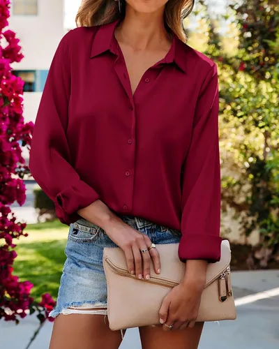 Vista 6 de BTFBM Camisas de satén con botones para mujer, manga larga, con solapa, cuello en V, holgadas, casuales, para el trabajo, verano, primavera, blusa