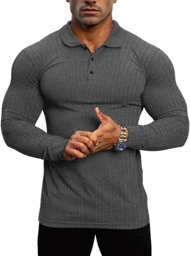 Vista 9 de Lehmanlin Men's Long Sleeve Polo Shirt Muscle Fit Cotton Top A-negro/Largo
