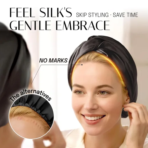 Vista 5 de OLESILK - Gorro de seda para dormir para mujeres: 100% seda de morera de 22 momme, ajuste ajustable para el cuidado del cabello nocturno, sin Negro