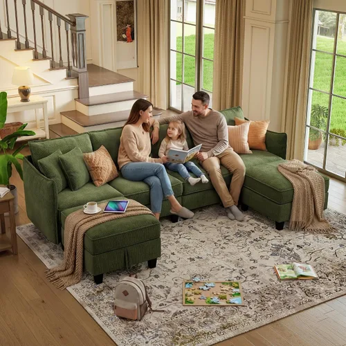Vista 7 de Sofá modular modular en forma de U de 112 pulgadas con otomana de almacenamiento y funda de cojín lavable para sala de estar, dormitorio Verde