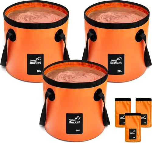 Vista 8 de 3 cubos plegables de 5 galones con asa, azul, naranja, negro