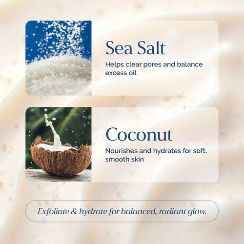 Vista 3 de Exfoliante facial suave e iluminador con sal marina y coco – Exfolia, hidrata y reduce imperfecciones – Limpiador facial equilibrante para todo tipo