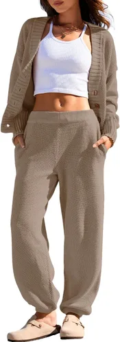 Vista 3 de Yanekop Conjunto de dos piezas para mujer con cuello en V y botones y suéter de punto acogedor
