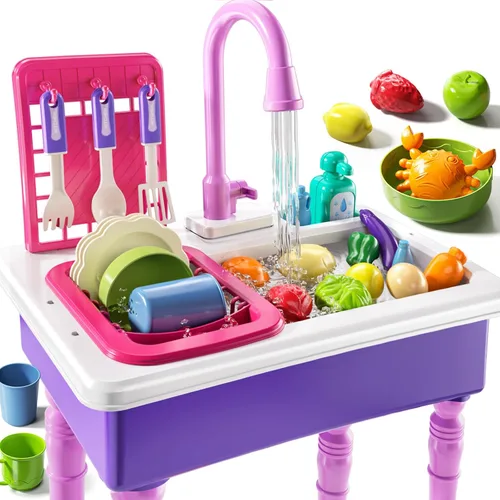 Vista 9 de JUKUDAHU - Lavaplatos de juguete con agua corriente, juguetes de cocina con fregadero para niños de 3, 4, 5, 6 y 7 años de edad, lavavajillas