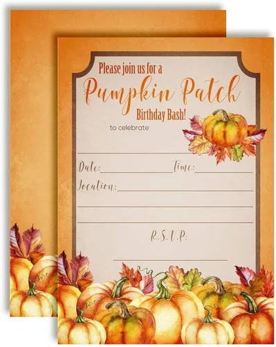 Vista 17 de Amanda Creation Invitaciones de cumpleaños de Pumpkin Truck, paquete de 20 invitaciones de cumpleaños de otoño de 5 x 7 con sobres blancos, tarjetas