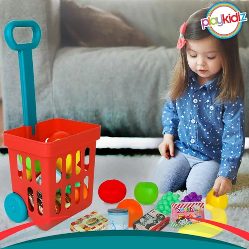 Vista 7 de Playkidz Juego de carrito de compras de juguete, juguetes de plástico para alimentos, juego interactivo, recursos de aprendizaje y diversión