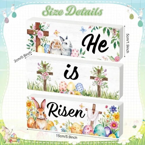 Vista 2 de Qunclay Juego de 3 letreros de mesa de madera con texto en inglés "He is Risen" para decoración de mesa de madera de Pascua, centro de mesa