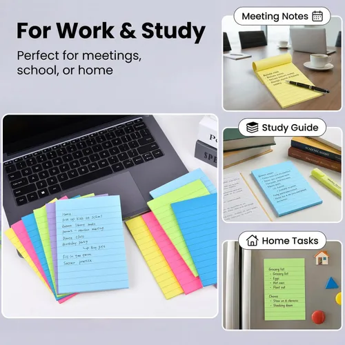 Vista 3 de Paquete de 12 notas adhesivas forradas de 4 x 6 pulgadas en colores brillantes, bloc de notas autoadhesivas con líneas, bloc de notas adhesivas