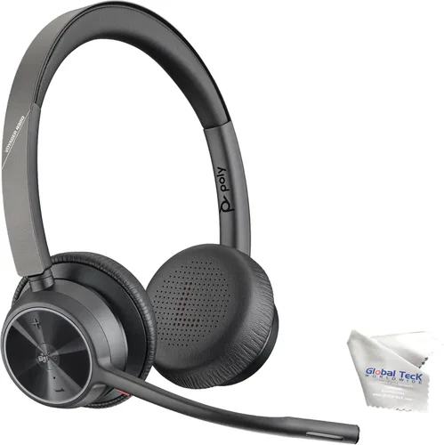Vista 6 de Poly Voyager 4320 UC - Auriculares inalámbricos Bluetooth Duo (USB-A) con soporte de carga, paquete global Teck con paño de microfibra, teléfono