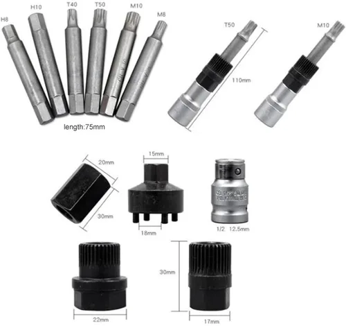 Vista 8 de Kit de herramientas de extracción de polea de rueda libre de alternador, acero al carbono tratado térmicamente, ajuste de precisión, con enchufes