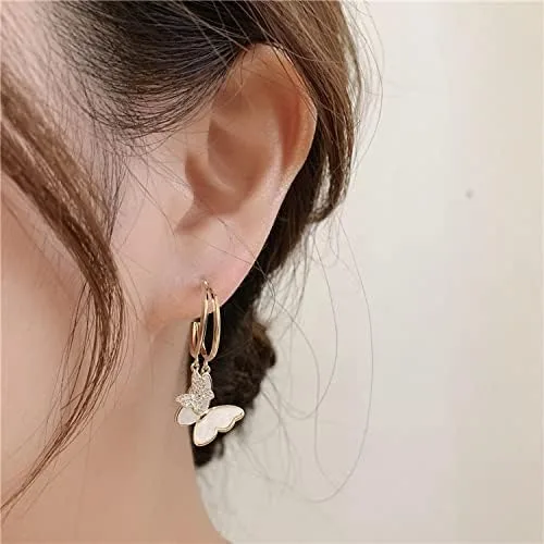 Vista 2 de Aros abiertos ligeros de color oro de 14 quilates para mujeres y niñas con doble capa mariposa cola de sirena cuatro hojas trébol estrella CZ