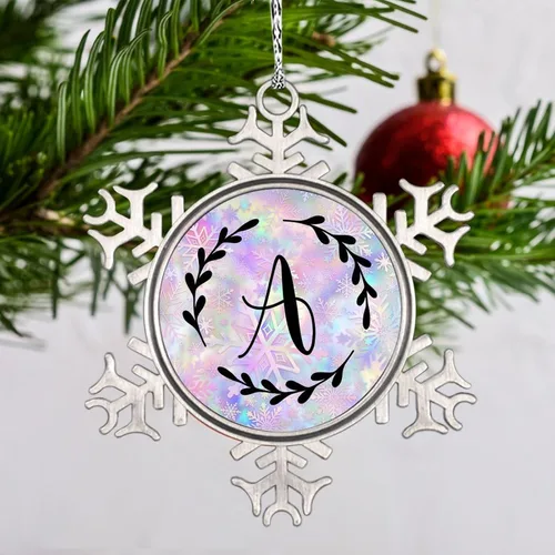Vista 2 de Adorno de copo de nieve de letra A con inicial de copo de nieve, corona negra, adorno con monograma para decoración de árbol de Navidad, adornos