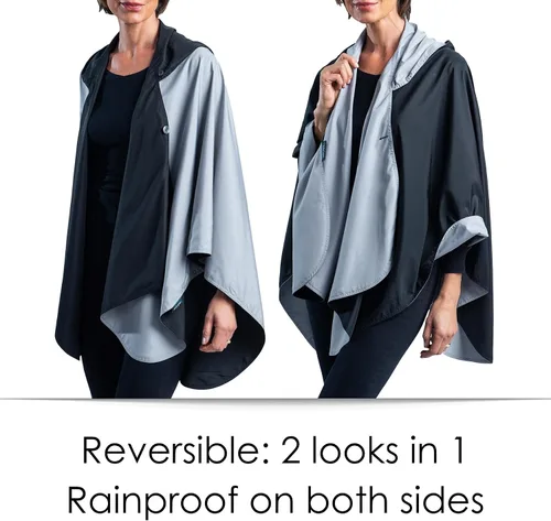 Vista 3 de Capa de lluvia para mujer, chaqueta tipo poncho con capucha, reversible, hermosa, ultra suave "Negro y peltre