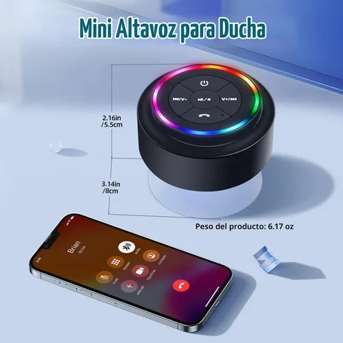 Vista 6 de Altavoz de ducha Bluetooth impermeable IP67, mini altavoz inalámbrico pequeño Bluetooth, altavoz portátil con ventosa, LED y micrófono para baño