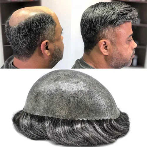 Vista 135 de Toupee para hombre 100% cabello humano real tupé para hombres 0.004 in piel de poliuretano para hombre, sistema de reemplazo de piezas de pelo