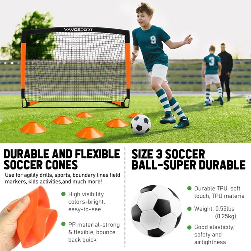 Vista 5 de VAVOSPORT Juego de porterías de fútbol para niños para patio trasero, 2 redes portátiles de 4 x 3 / 6 x 4 pies, mini equipo de entrenamiento