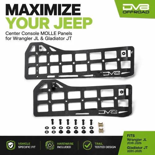 Vista 3 de Paneles Molle de consola central DV8 para Jeep Wrangler JL y Gladiator JT 3mm steel molle panels, fits 2018-2026 Jeep JL & 2020-2026 JT, manual &