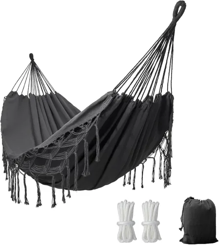 Vista 7 de Hamaca doble bohemia de macramé con elegantes borlas para patio, jardín, decoración de boda en la playa, exterior e interior, hasta 450 libras