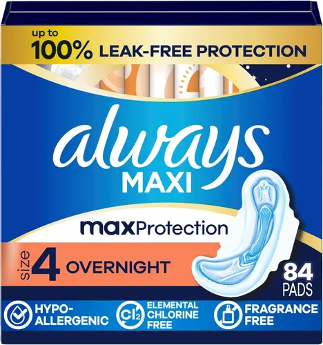 Vista 10 de Always Maxi - Almohadillas femeninas para mujer, talla 4, absorción nocturna, con alas, sin perfume, 26