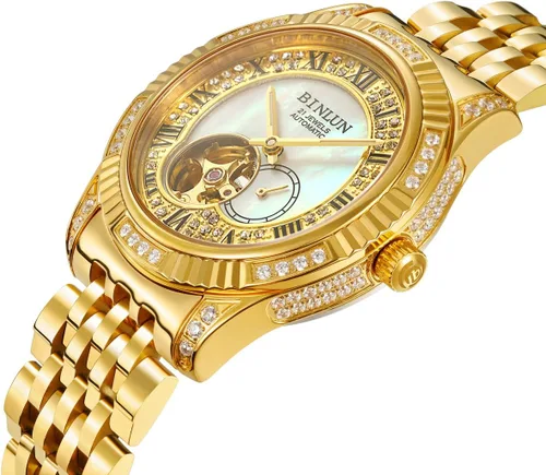 Vista 15 de BINLUN Reloj de pulsera para hombre, mecánico automático, reloj dorado con cuerda automática, elegante, chapado en oro de 18 quilates, relojes