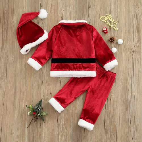 Vista 6 de HEZIOWYUN Disfraz de Papá Noel para bebés, niños y niñas, chaqueta navideña de terciopelo de manga larga + pantalones largos + sombrero de Navidad