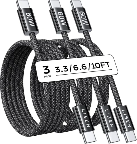 Vista 24 de LISEN Cable USB C, paquete de 5 cables USBC a USBC [0.5 pies] para iPhone 17 16e 15 Pro Max, cable de carga rápida de 60 W C a C para Galaxy Negro