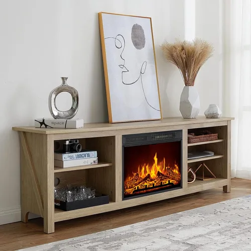 Vista 11 de AMERLIFE Soporte de TV con chimenea, centro de entretenimiento con textura de madera con chimenea eléctrica de 23 pulgadas, soporte