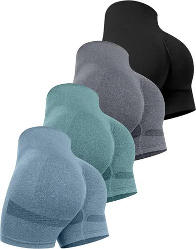 Vista 9 de CHRLEISURE Pantalones Cortos de Entrenamiento para Mujer, 4 Paquetes, Cintura Alta, Levantamiento de Glúteos con Fruncido, Pantalones Cortos Booty