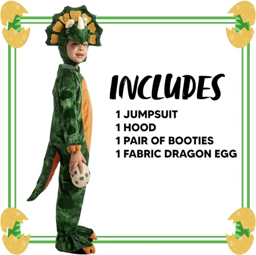 Vista 5 de Spooktacular Creations Disfraz de triceratops verde para niños, overol de dinosaurio realista con huevo para niños, fiesta de disfraces de Halloween