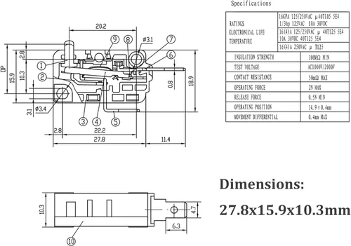 Vista 4 de Pieza de repuesto para interruptor de puerta de horno de microondas, 16A 125VAC, KW3AT-16 (compatible con KW3A-16), normalmente cerrado, 1 unidad