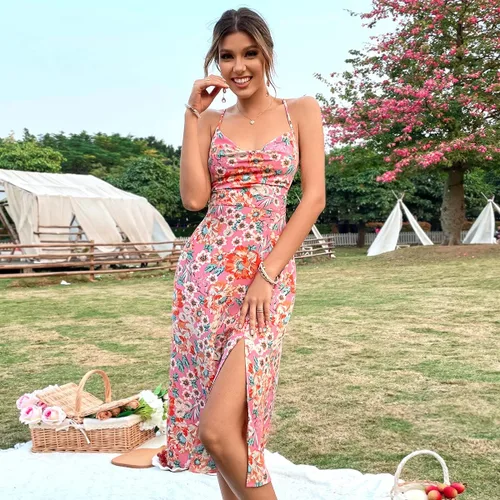 Vista 6 de WDIRARA Vestido midi drapeado con estampado floral y espalda descubierta para mujer