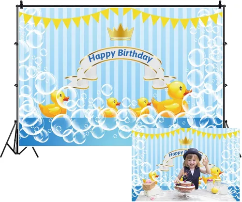 Vista 9 de Renaiss Telón de fondo de tela de pato amarillo con burbujas de goma para baby shower, fiesta de cumpleaños, fondo de fotografía para niños, recién