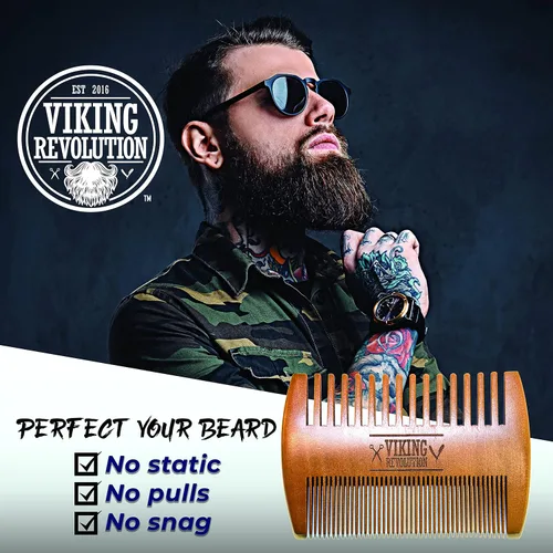 Vista 4 de BEST DEAL peine de madera para barba y estuche, acción dual, dientes finos y gruesos, perfecto para utilizar con bálsamos y aceites, peine