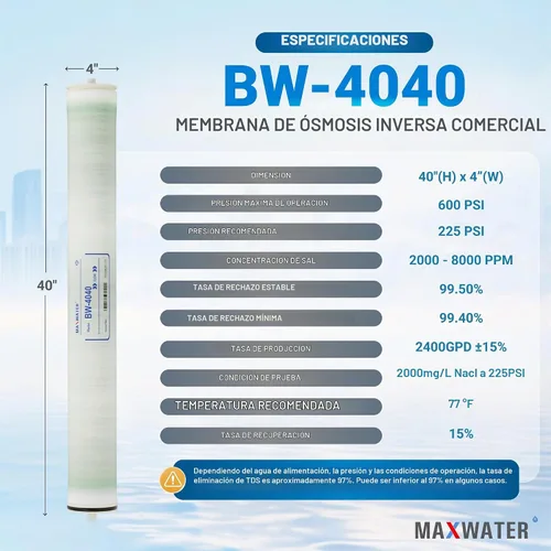 Vista 2 de Max Water Membrana RO de agua salobre de 4 x 40 pulgadas BW-4040 / TW30-4040 2400 GPD perfecta para lavado de autos, toda la casa y aplicaciones