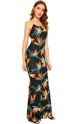 Vista 6 de SheIn - Vestido sexy largo hasta el tobillo con diseño a rayas, para mujer, vestido de fiesta de verano con tirantes delgados y espalda descubierta