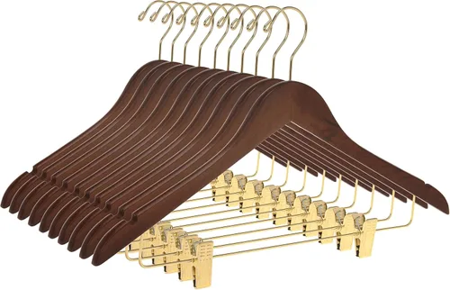 Vista 17 de Perchas de madera de calidad para faldas con clips, paquete de 10 perchas lisas de madera maciza para pantalones con clips de metal ajustables