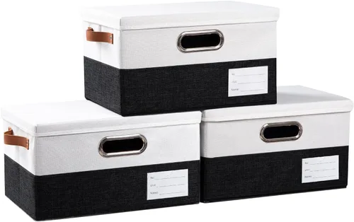 Vista 37 de PRANDOM Contenedores de almacenamiento con tapas [paquete de 3] cajas de almacenamiento plegables de tela de lino, canastas organizadoras, cubos