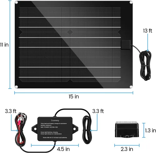 Vista 5 de Cargador de Batería Solar y Mantenedor, Kit de Panel Solar Zuomeng de 15W para Remolque de Volcado con Pulso de Mantenimiento Integrado