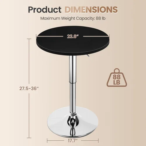 Vista 3 de Yaheetech Mesa de bar redonda, altura ajustable y mesas giratorias de 360°, mesa de cóctel con parte superior de MDF, base de patas plateada