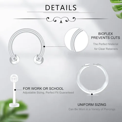 Vista 5 de D.Bella Retenedores de piercing transparentes de 16G para cartílago flexible para hélix, daith, rook, tragus, retenedor de aretes Bioflex, nariz