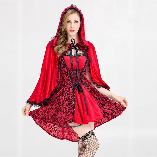Vista 3 de Disfraz de caperucita roja para mujer, vestido gótico de encaje sexy con cordones y estampado floral con capucha