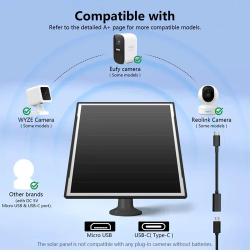 Vista 2 de Panel solar de 8 W para cámara de seguridad al aire libre, micro USB de 5 V y cargador de panel solar USB - C, se adapta a Eufy/Wyze/Reolink DC 5V