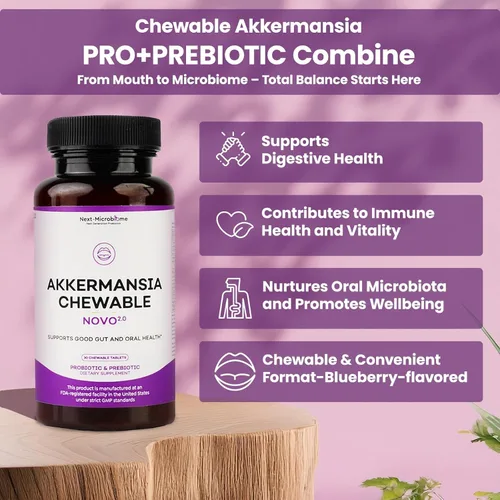 Vista 3 de Suplemento probiótico y prebiótico masticable Akkermansia NOVO 2.0 con HMO, apoya el microbioma intestinal y oral, suplementos para la salud